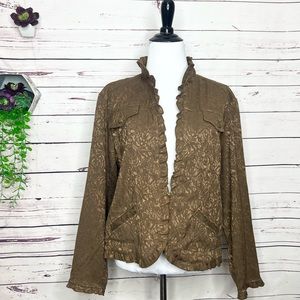 Coldwater Creek Brown Floral Embossed Ruffle Collar Jacket Size Large Petite